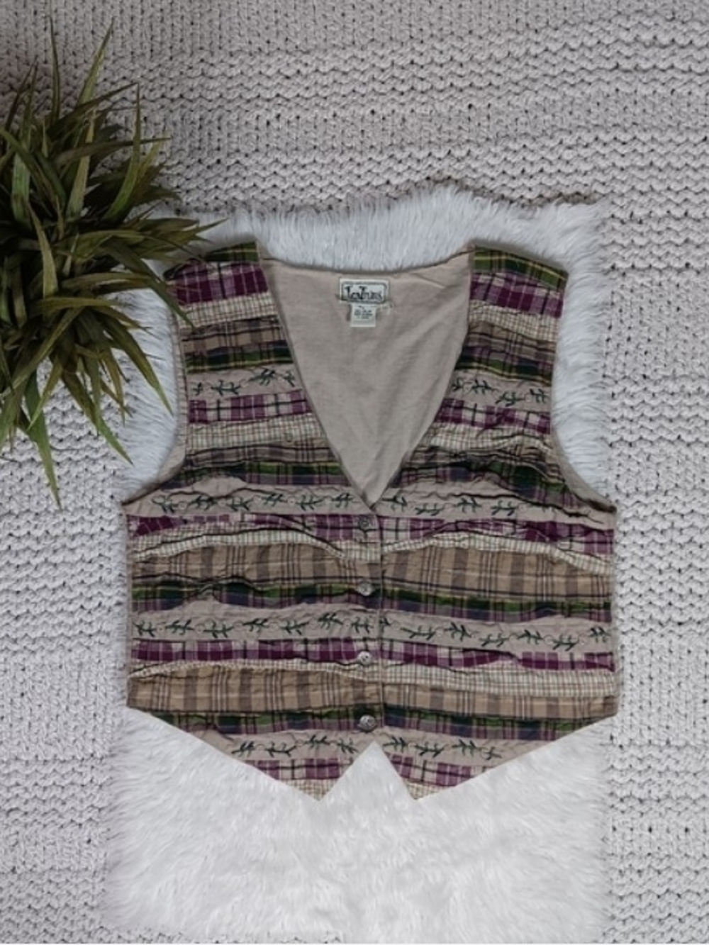 Vintage Tantrums Women's Cottagecore Flowers And Plaid Beige Vest, Large